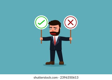 Businessmen who are confused about making business decisions, right or wrong, true or false. Moral choice concept, a prudent businessman is holding a right or wrong sign while making a decision.