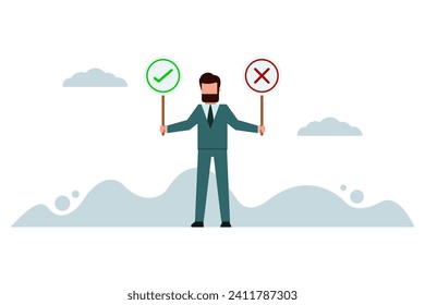 Businessmen who are confused about making business decisions, right or wrong, true or false. Moral choice concept, a prudent businessman is holding a right or wrong sign while making a decision.