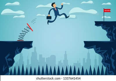 Businessmen who are jumping from springboard Across the cliff go to the business success goal to overcome obstacles for the ultimate target. startup. illustration cartoon vector