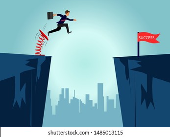 Businessmen who are jumping from springboard Across the cliff go to the business success goal to overcome obstacles for the ultimate target. startup. illustration cartoon vector