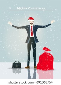 Businessmen with wide open hands in the Santa hat with big red sack of presents. Christmas in business, concept illustration