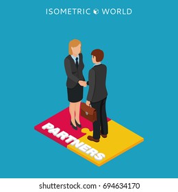 Businessmen and woman handshake isometric illustration, business concept agreement and cooperation