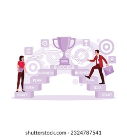 Businessmen and women are climbing the ladder to trophy success in their careers. Trend Modern vector flat illustration.