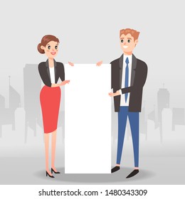 Businessmen and women holding blank or empty sign banner vector illustration. Job applicant business concept, employee, corporate, recruiter. Girl wearing formal clothing with banner.