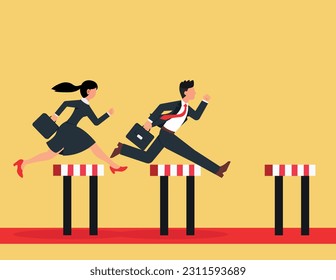 Businessmen and women jumping over hurdle. concept overcoming obstacles and achieving the goal