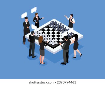 businessmen and women playing chess game - strategy to success isometric 3d vector illustration concept