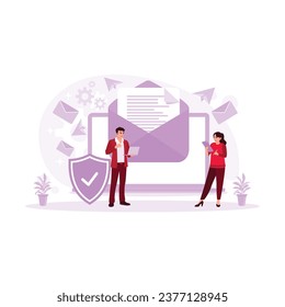Businessmen and women protect email data via laptops and cell phones. Email Encryption concept. Trend Modern vector flat illustration