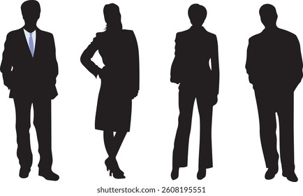 Businessmen and women silhouettes in different styles standing poses for their office work, meetings, and consulting. Vector illustration on white background.