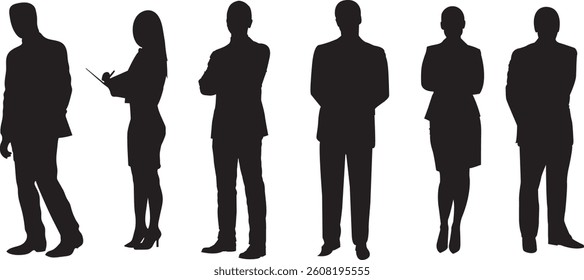 Businessmen and women silhouettes in different styles standing poses for their office work, meetings, and consulting. Vector illustration on white background.
