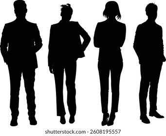 Businessmen and women silhouettes in different styles standing poses for their office work, meetings, and consulting. Vector illustration on white background.