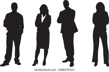 Businessmen and women silhouettes in different styles standing poses for their office work, meetings, and consulting. Vector illustration on white background.