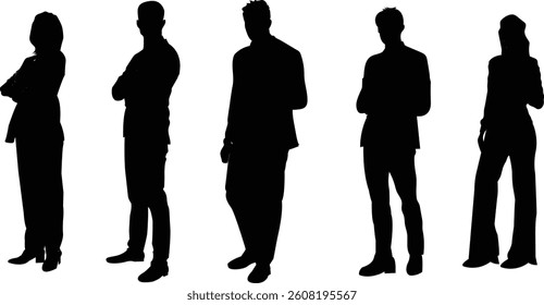 Businessmen and women silhouettes in different styles standing poses for their office work, meetings, and consulting. Vector illustration on white background.