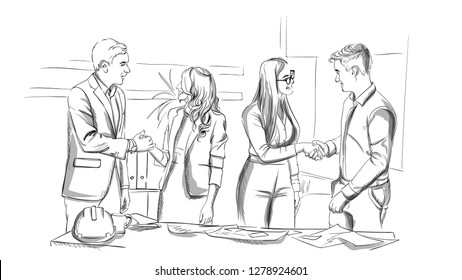 Businessmen and women succesful team shaking hands Vector sketch. Storyboard digital template. Sketch style line arts