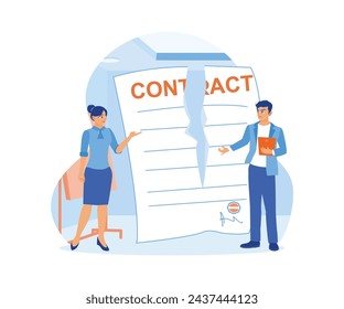 Businessmen and women terminate contractual agreements. Tear up signed contract documents. Contract agreement concept. Flat vector illustration.