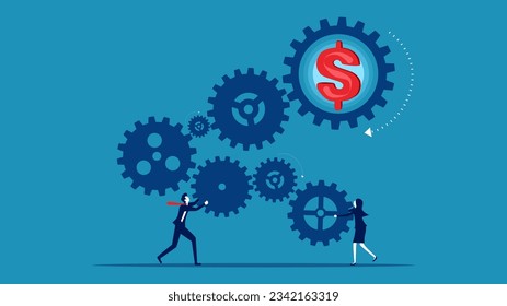 Businessmen and women working together to connect gears and generate money. profitable business 