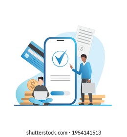 Businessmen work with finances, money, gold coins, checks in smartphone, laptop, computer. Men successfully pay with plastic, credit, debit cards in phones. Online transaction in Internet banking.