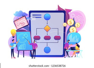 Businessmen work with improvement diagrams and charts. Business process management, business process visualization, IT business analysis concept. Bright vibrant violet vector isolated illustration