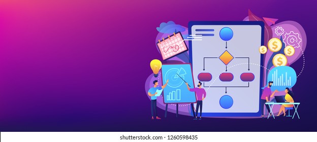 Businessmen work with improvement diagrams and charts. Business process management, business process visualization, IT business analysis concept. Header or footer banner template with copy space.