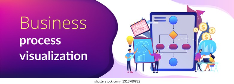 Businessmen work with improvement diagrams and charts. Business process management, business process visualization, IT business analysis concept. Header or footer banner template with copy space.