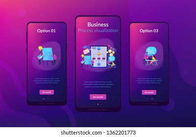 Businessmen work with improvement diagrams and charts. Business process management, business process visualization, IT business analysis concept. Mobile UI UX GUI template, app interface wireframe