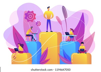 Businessmen work with laptops on graph columns. Business hierarchy, hierarchical organization, levels of hierarchy concept on white background. Bright vibrant violet vector isolated illustration