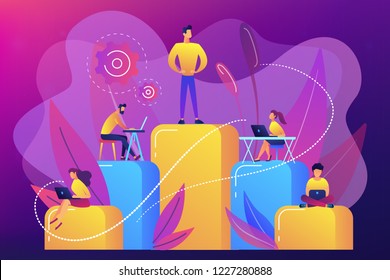 Businessmen work with laptops on graph columns. Business hierarchy, hierarchical organization, levels of hierarchy concept on ultraviolet background. Bright vibrant violet vector isolated illustration