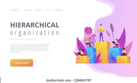 Businessmen work with laptops on graph columns. Business hierarchy, hierarchical organization, levels of hierarchy concept on white background. Website vibrant violet landing web page template.