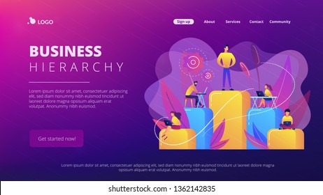 Businessmen work with laptops on graph columns. Business hierarchy, hierarchical organization, levels of hierarchy concept on white background. Website vibrant violet landing web page template.