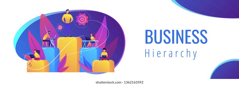 Businessmen work with laptops on graph columns. Business hierarchy, hierarchical organization, levels of hierarchy concept on white background. Header or footer banner template with copy space.