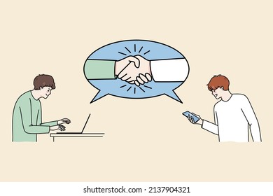 Businessmen work online on computers close deal. Business partners or clients handshake make agreement on gadget on internet. Remote job and freelance concept. Vector illustration. 