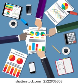 Businessmen work witn Financial Statement. Vector illustration in flat design for business concept. Teamwork concept. Businesspeople workplace top angle above view