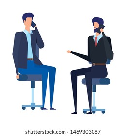 businessmen workers calling with cellphones in office chairs