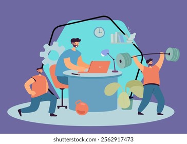 Businessmen working and exercising in office. Business persons sitting at table, doing exercises, weightlifting flat vector illustration. Sports, healthy lifestyle concept for banner, website design