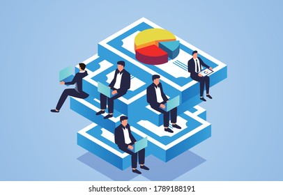 Businessmen working hard while sitting on stacks of banknotes