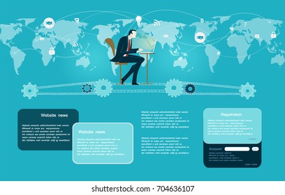 Businessmen working on the computer and sitting on the chain powered by gears and human hands. World map and many business and communication icons at the background. Web template