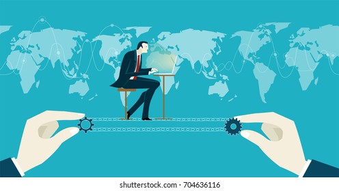 Businessmen working on the computer and sitting on the chain powered by gears and human hands. World map and many business and communication icons at the background.Concept illustration 