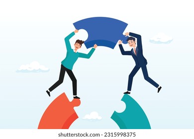 Businessmen working team connect jigsaw puzzle bridge, business teamwork and partnership help to achieve team success, think together to solve business problem, business connection concept (Vector)