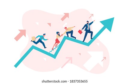 Businessmen are working their way up the sales schedule. Teamwork metaphor. Business opportunity concept. Flat vector illustration