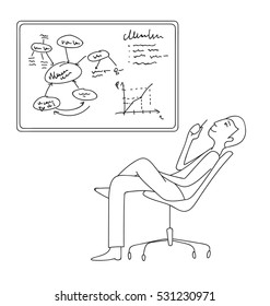 Businessmen working, thinking next to whiteboard vector illustration, Cartoon thin line style