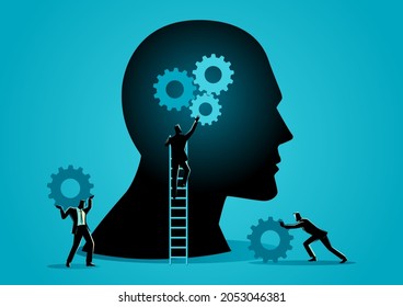 Businessmen working together installing gears in human head, business initiative, mindset improvement concept 