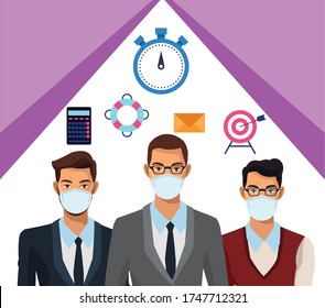 businessmen working and wearing medical masks vector illustration design