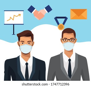 businessmen working and wearing medical masks vector illustration design