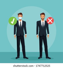 businessmen working and wearing medical masks vector illustration design