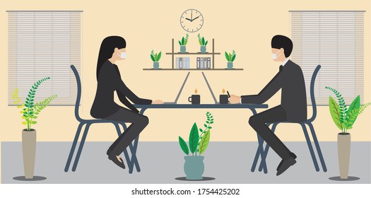 Businessmen working and wearing medical masks stock, Social Distancing, business people sitting in separate space working, people at work, wearing masks, teamwork, outbreak.