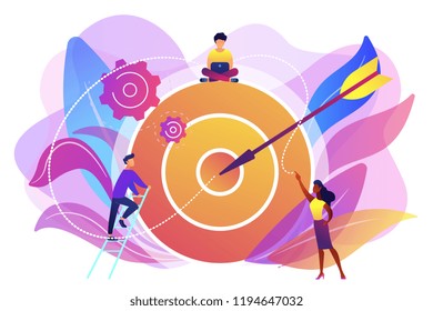 Businessmen working and woman at big target with arrow. Goals and objectives, business grow and plan, goal setting concept on white background. Bright vibrant violet vector isolated illustration