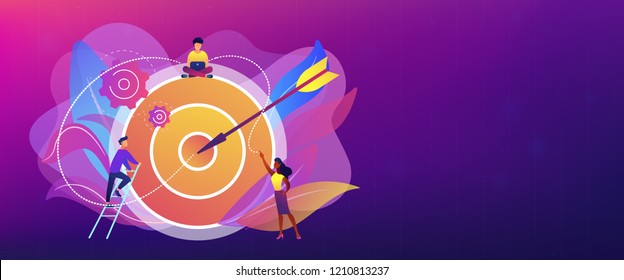 Businessmen working and woman at big target with arrow. Goals and objectives, business grow and plan, goal setting concept on white background. Header or footer banner template with copy space.