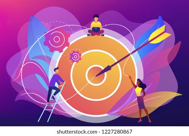 Businessmen working and woman at big target with arrow. Goals and objectives, business grow and plan, goal setting concept on ultraviolet background. Bright vibrant violet vector isolated illustration