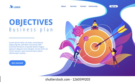 Businessmen working and woman at big target with arrow. Goals and objectives, business grow and plan, goal setting concept on white background. Website vibrant violet landing web page template.