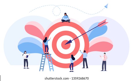 Businessmen working and woman at big target with arrow. Internal marketing, company goals promotion, employee engagement concept. Header or footer banner template. Teamwork, leadership