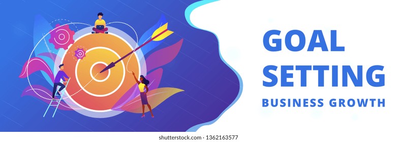 Businessmen working and woman at big target with arrow. Goals and objectives, business grow and plan, goal setting concept on white background. Header or footer banner template with copy space.